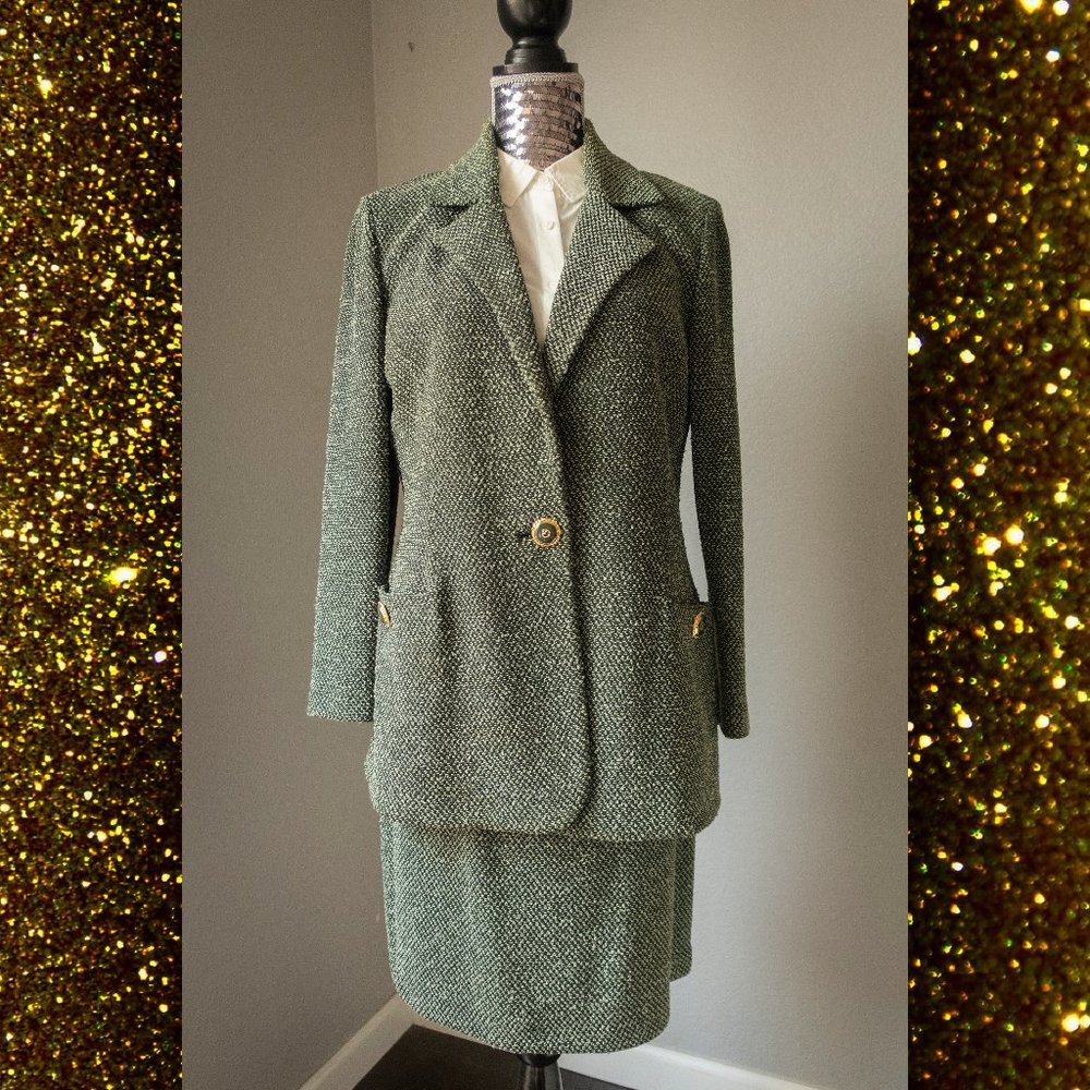St John Two Piece Knitted Green Skirt Suit Vintage
